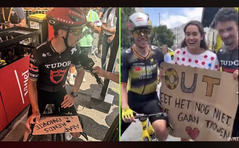 "Geef het bord terug": Speelse uitwisseling tussen Van Aert en Alaphilippe steelt de show